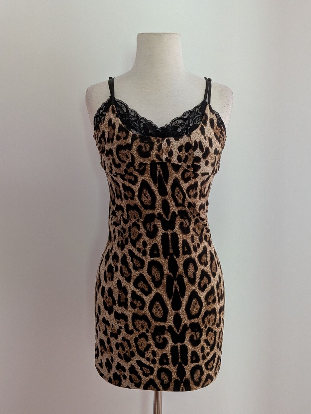 Leopard Lace-Trim Slip Dress - Black & Tan